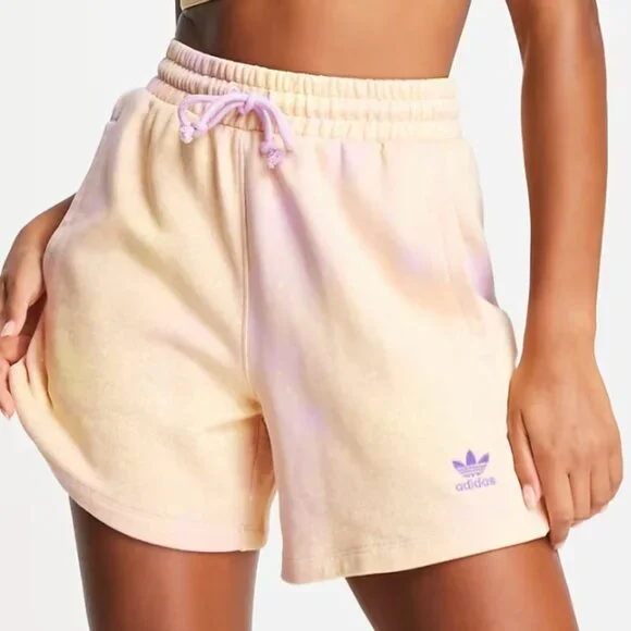 Adidas Originals Tie Dye Fleece Shorts Women’s Large Pink Yellow Trefoil HL6609 - Picture 8 of 9